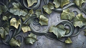 Intricate Stone Carving Featuring Ivy Leaves and Vines photo