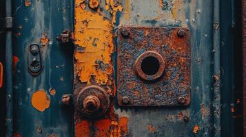 An old rusty door with a hole in it photo
