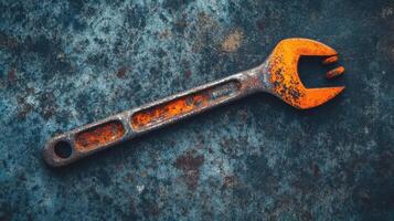 Rusty Orange Wrench on a Metallic Surface photo