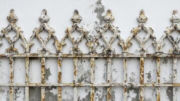 Weathered Metal Fence with Ornate Design Against White Wall photo