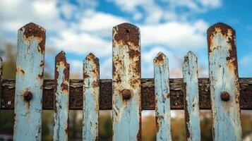 Rusted blue fence against a cloudy sky photo