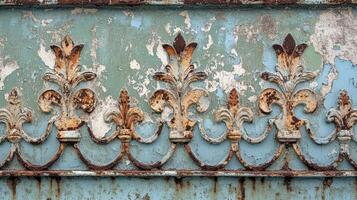 Rusty Ornate Metalwork On Weathered Blue Surface photo