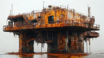 Rusty Offshore Platform Abandoned in Foggy Waters photo