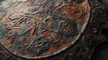 Rusted Metal Plate With Intricate Carved Design photo
