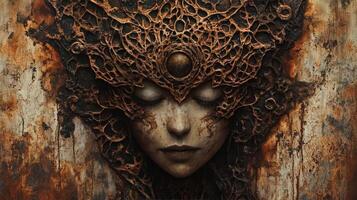 A serene face encased in intricate rusted metalwork photo