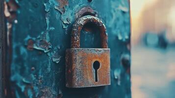 Rusty padlock on a weathered teal door photo