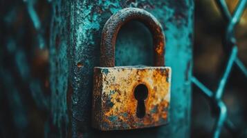 Rusty padlock secured to a weathered teal gate photo