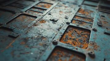 Rusty metallic surface showing textured panels and bolts photo