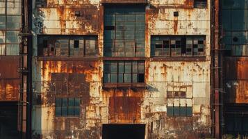 Rusted factory building exterior showing aged windows and metal photo
