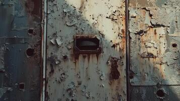 Weathered Metal Panel Shows Extensive Rust And Paint Degradation photo