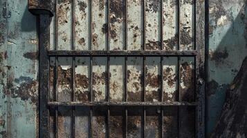 Rusted Metal Gate Against Weathered Wall photo