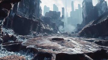 Futuristic Cityscape Ruins Amidst Rocky Terrain photo