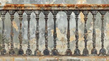 Rusted metal railing against a weathered wall photo
