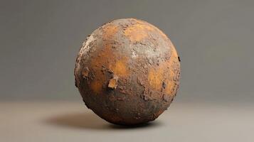 A Mud Covered Spherical Object Rests On A Plain Background photo