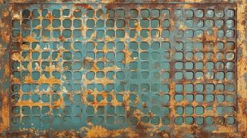 Rusted metal plate with square grid pattern photo