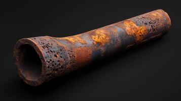 A heavily corroded rusty metal pipe lies isolated photo