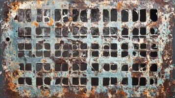 Rusty metal grid with square cutouts showing age and wear photo