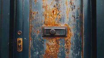 Rusty Door With Antique Doorbell And Hardware photo