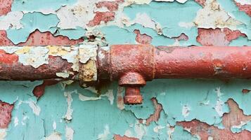 Rusty Pipe Against Flaking Painted Wall photo