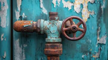 Rusted Industrial Valve Against Peeling Teal Wall photo