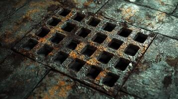 Rusty Metal Grate Embedded In Aged Stone Pavement photo
