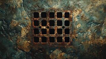 Rusty Metal Grate Set In Weathered Stone Wall photo
