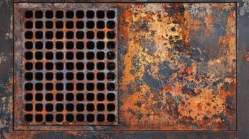 Rusty Metal Plate With Grid Pattern And Corrosion photo