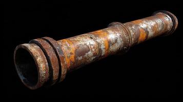 Rusted metal pipe isolated on black background photo