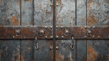 Rusty Metal Gate With Decorative Hooks and Bolts photo