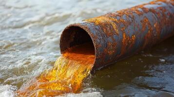 oxidado tubo descarga contaminado amarillo agua dentro río foto