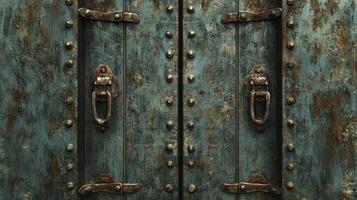 Weathered Metal Door With Rusty Hinges And Handles photo