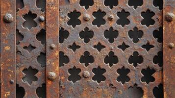 Rusty Metal Gate With Ornate Cutout Design photo