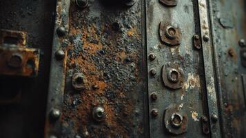 Rusted metal surface with bolts and rivets showing significant corrosion photo