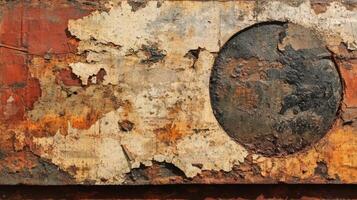 Rusted Metal Surface With Peeling Paint And Circular Patch photo