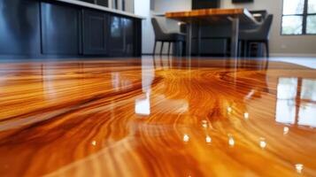 Polished Wooden Floor Reflecting Modern Kitchen photo