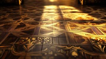 Intricate Wooden Floor Pattern Illuminated By Sunlight photo