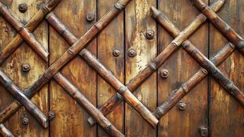 Wooden Door Decorated With Bamboo Cross Pattern photo