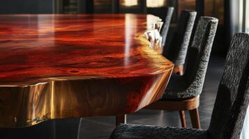 Polished Redwood Live Edge Table With Modern Chairs photo