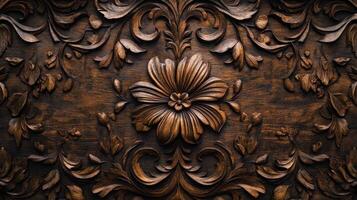 An ornate wood panel with flowers and leaves photo