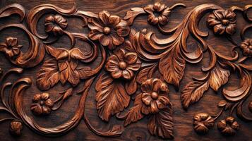 Intricate Wooden Floral Carving Panel Design photo