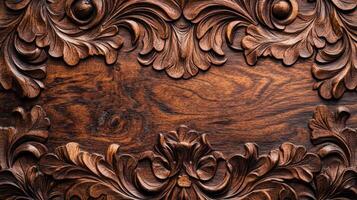 Intricate Floral Wood Carving Design On Dark Wood photo