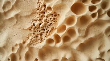 Textured beige surface with numerous holes and craters photo