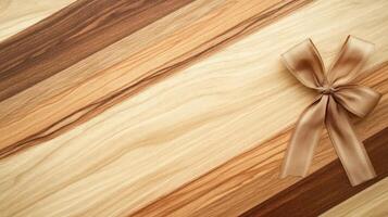 Beige ribbon bow on striped wooden background photo