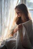 Warm microfiber towel wrapped around a young woman by window light photo
