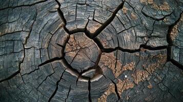A weathered tree stump shows concentric rings and cracks photo