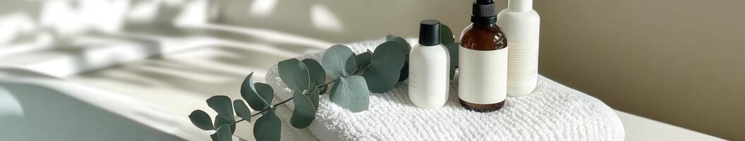 Soft microfiber towel with natural skincare products on countertop photo