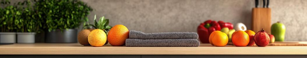 Microfiber towel placed on kitchen counter with fresh fruits photo