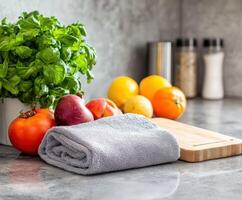 Microfiber towel resting beside fresh fruits and vegetables in kitchen photo