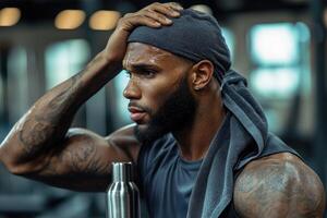 Man wipes sweat with microfiber towel during intense workout session photo