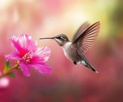 Hummingbird hovering near vibrant pink flower in soft light photo